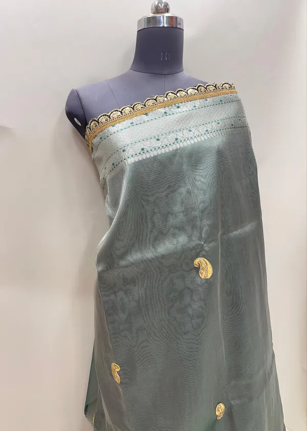 Humairah_Presents_Sea_Green_Lace_Work_Zardozi_Pattern_Patch_Work_Saree_with_Jacquard_Blouse