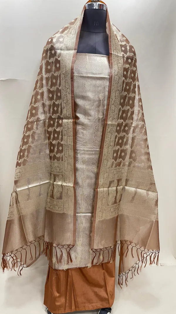 Humairah_Brown_Tissue_Silk_Floral_Zari_Stripe_Booti_3_pcs_Suit_Set_with_Plain_Bottom_and_Floral_Zari_Booti_Jaal_Brown_Dupatta