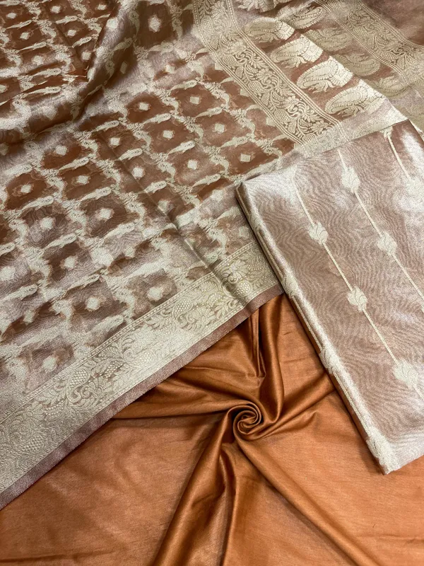 Humairah_Brown_Tissue_Silk_Floral_Zari_Stripe_Booti_3_pcs_Suit_Set_with_Plain_Bottom_and_Floral_Zari_Booti_Jaal_Brown_Dupatta