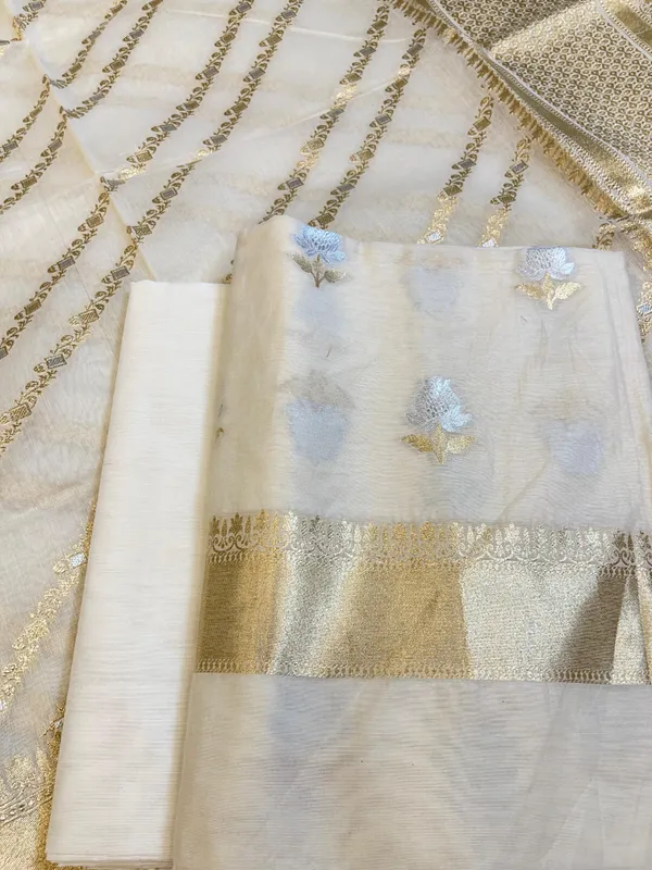 White_Pure_Cotton_Dyable_Floral_Silver_Gold_Zari_Booti_Banarasi_Suit