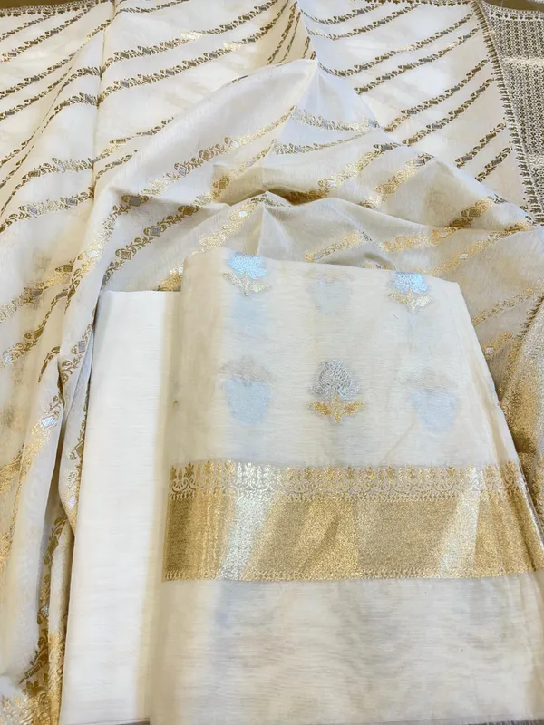 White_Pure_Cotton_Dyable_Floral_Silver_Gold_Zari_Booti_Banarasi_Suit
