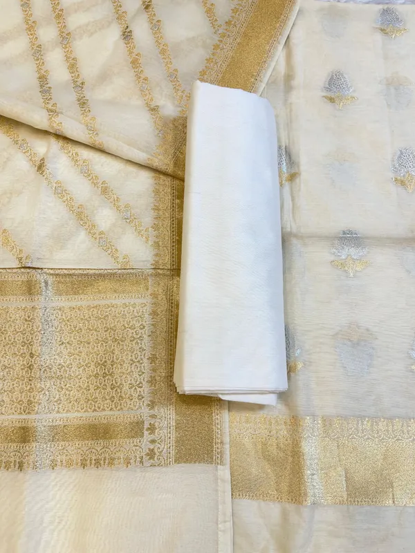 White_Pure_Cotton_Dyable_Floral_Silver_Gold_Zari_Booti_Banarasi_Suit
