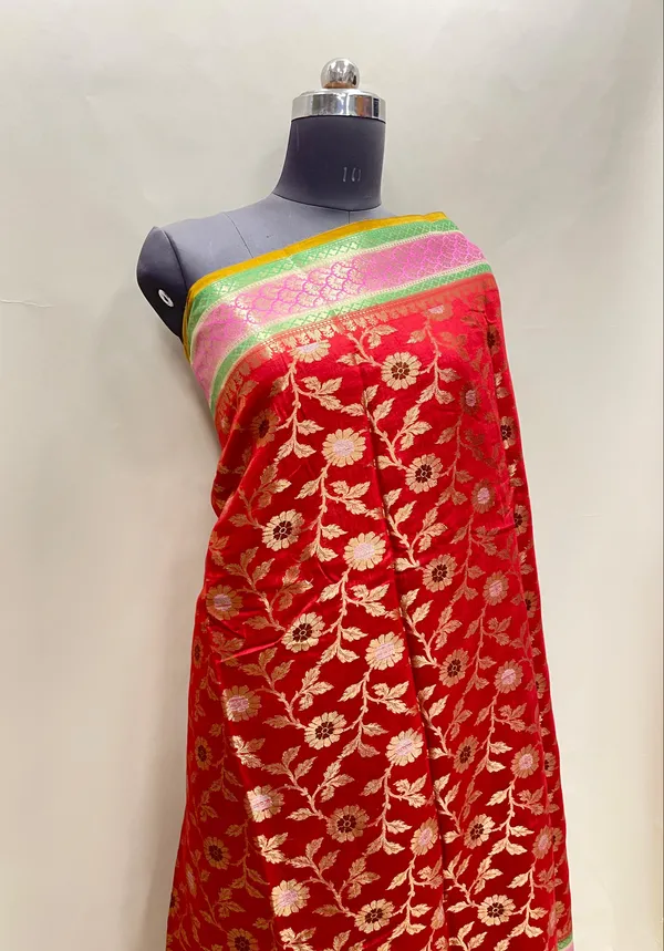 Humairah_Pure_Handloom_Red_Munga_Silk_Floral_Silver_Minkari_Zari_Jaal_with_Contrast_Gold_Zig-Zag_Pallu_and_Rangkaat_Zari_Border_with_Mustard_Blouse