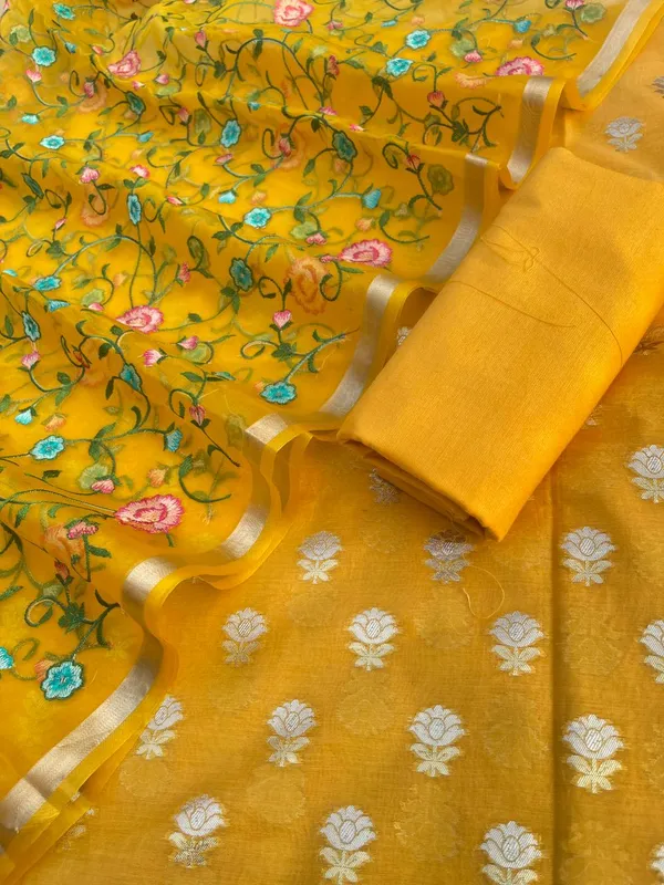 Yellow_Pure_Mercerise_Silk_Silver_Gold_Zari_Booti_with_Organza_Embroidery_Dupatta_Suit_Set_1250SKL_PME25