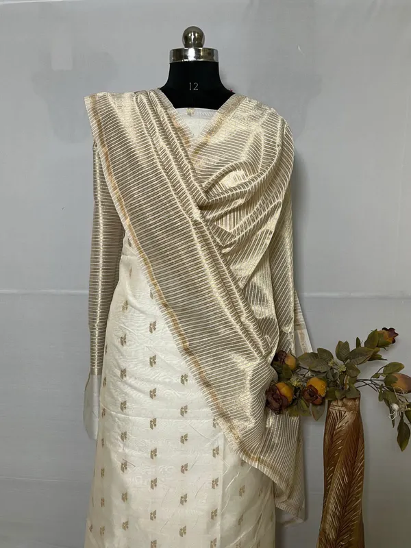 Off_White_Mercerize_Silk_Chunri_Booti_With_Tissue_Silk_Dupatta_Banarasi_3_Pcs_Suit_Set_Skl_Ms13
