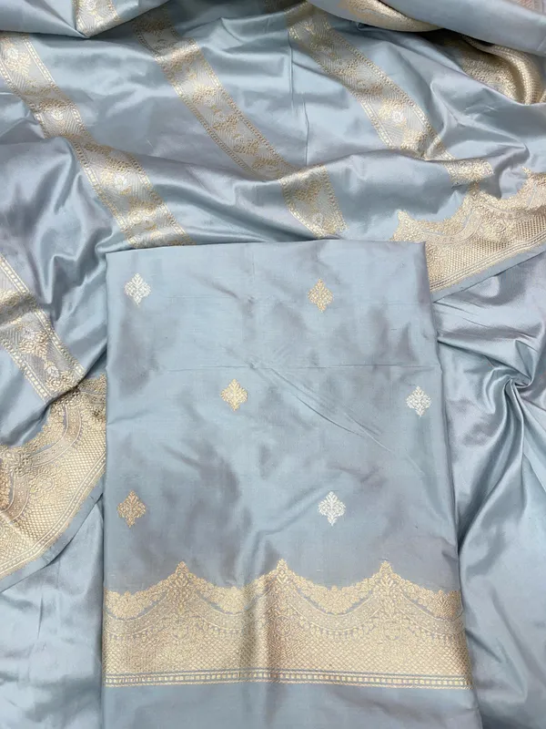 Pure_Handloom_Grey_Katan_Silk_Silver_Zari_Booti_Kadhwa_Banarasi_3_pcs_Suit_Set_14000PR_KS1