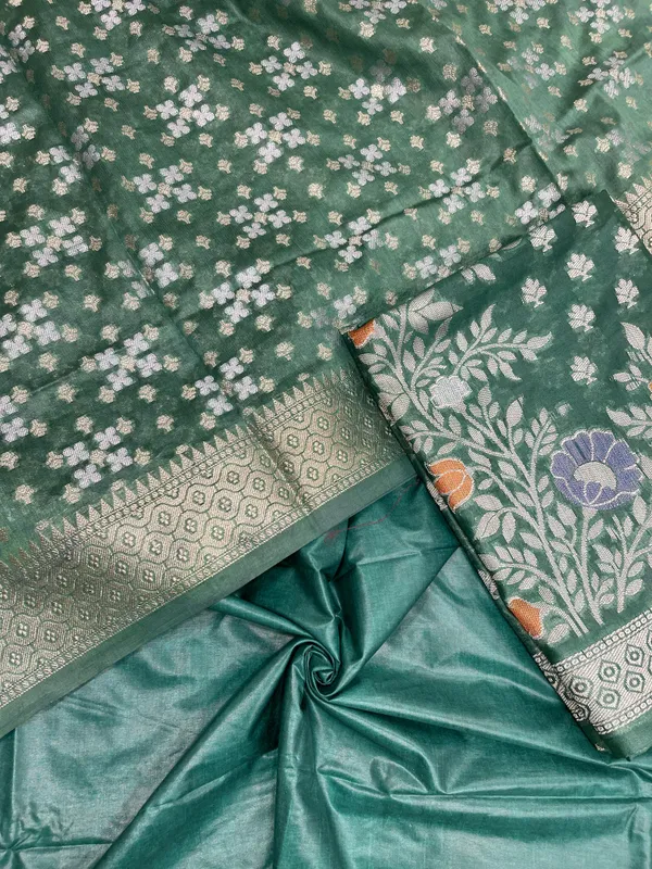 Humairah_Dark_Green_Semi_Georgette_Floral_Ikkat_Mina_Border_3_pcs_Suit_Set_with_Plain_Bottom_and_Floral_Zari_Jaal_Dark_Green_Dupatta