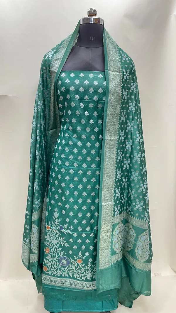 Humairah_Dark_Green_Semi_Georgette_Floral_Ikkat_Mina_Border_3_pcs_Suit_Set_with_Plain_Bottom_and_Floral_Zari_Jaal_Dark_Green_Dupatta