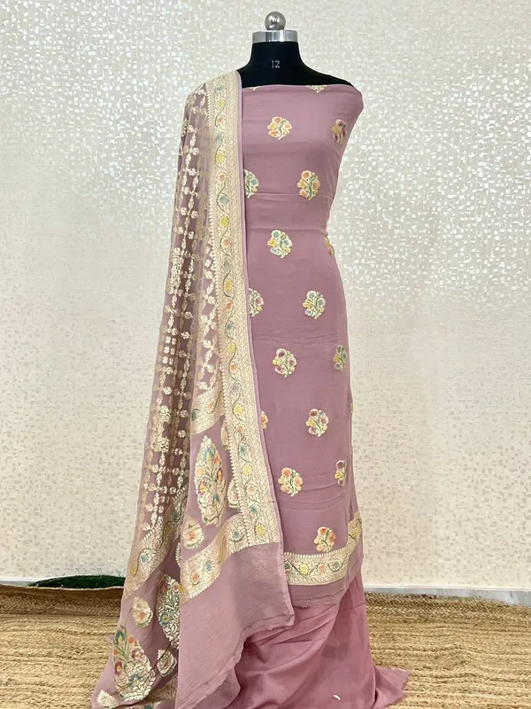 Pure_Handloom_Mauve_Khaddi_Georgette_Handbrush_Floral_Zari_Boota_with_Zari_Stripe_Dupatta_Banarasi_Suit_Set_7000SKL_KG10