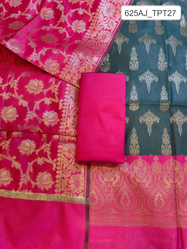 Darkgreen_Art_Silk_Floral_Zari_Booti_Contrast_Banarasi_Suit_with_Magenta_Dupatta_625AJ_TPT27