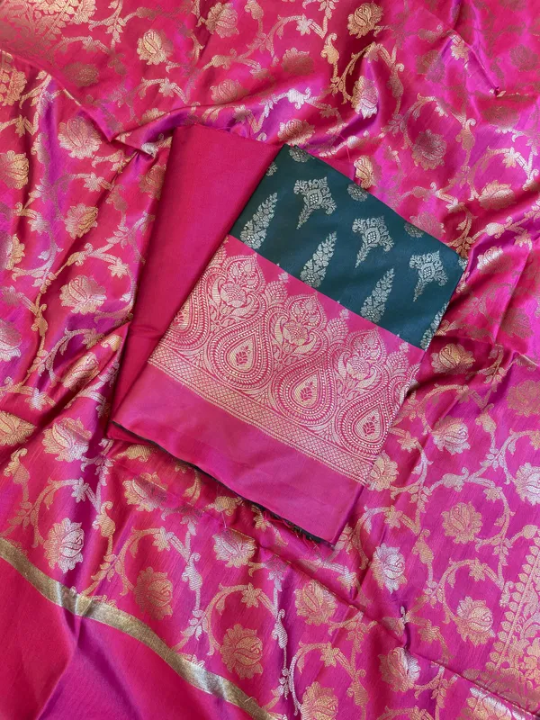 Darkgreen_Art_Silk_Floral_Zari_Booti_Contrast_Banarasi_Suit_with_Magenta_Dupatta_625AJ_TPT27