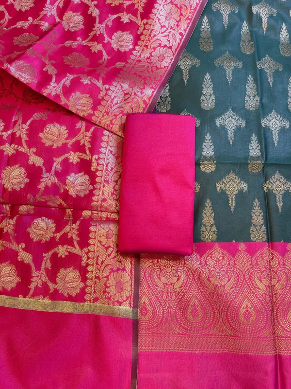 Darkgreen_Art_Silk_Floral_Zari_Booti_Contrast_Banarasi_Suit_with_Magenta_Dupatta_625AJ_TPT27