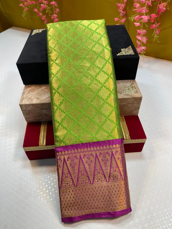 Green_Semi_Kanchi_Silk_Brocade_Contrast_Purple_Border_Banarasi_Saree_MS_SK10