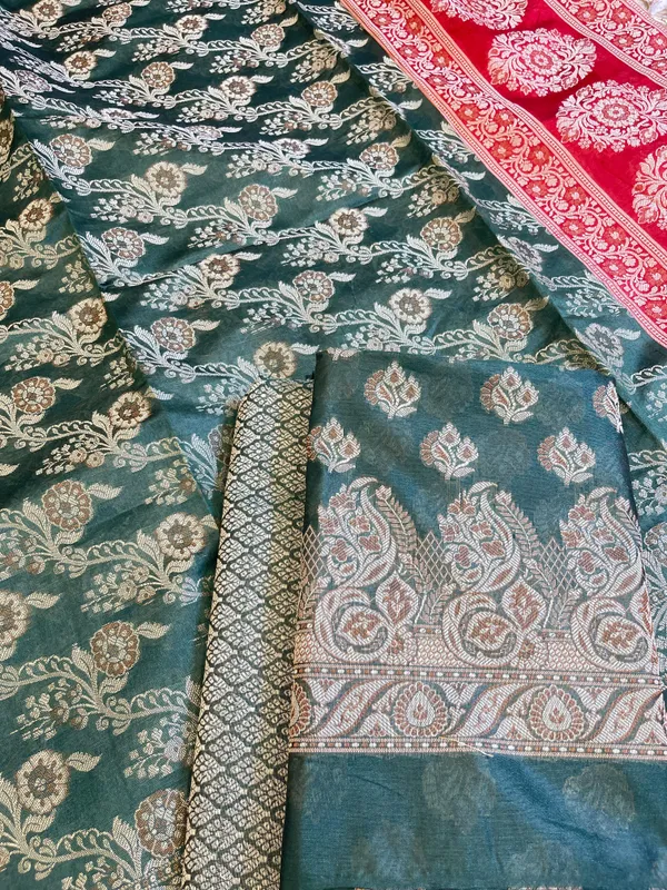 Darkgreen_Cotton_Floral_Resham_Booti_Contrast_Red_Dupatta_Banarasi_Suit_600AJ_PJS14