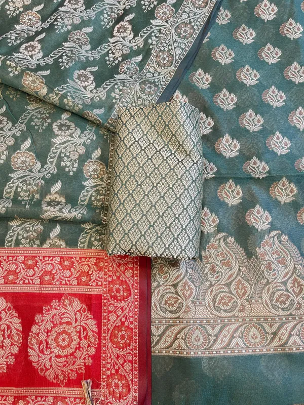 Darkgreen_Cotton_Floral_Resham_Booti_Contrast_Red_Dupatta_Banarasi_Suit_600AJ_PJS14
