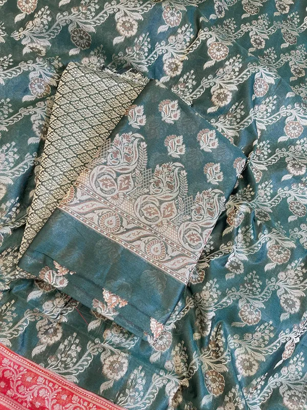 Darkgreen_Cotton_Floral_Resham_Booti_Contrast_Red_Dupatta_Banarasi_Suit_600AJ_PJS14