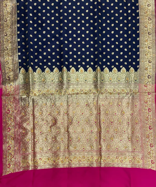 Humairah_Presents_Navy_Blue_Satin_Silk_Floral_Zari_Booti_Low_Stone_Work_Banarasi_Saree_with_Contrast_Purple_Pallu_and_Purple_Blouse