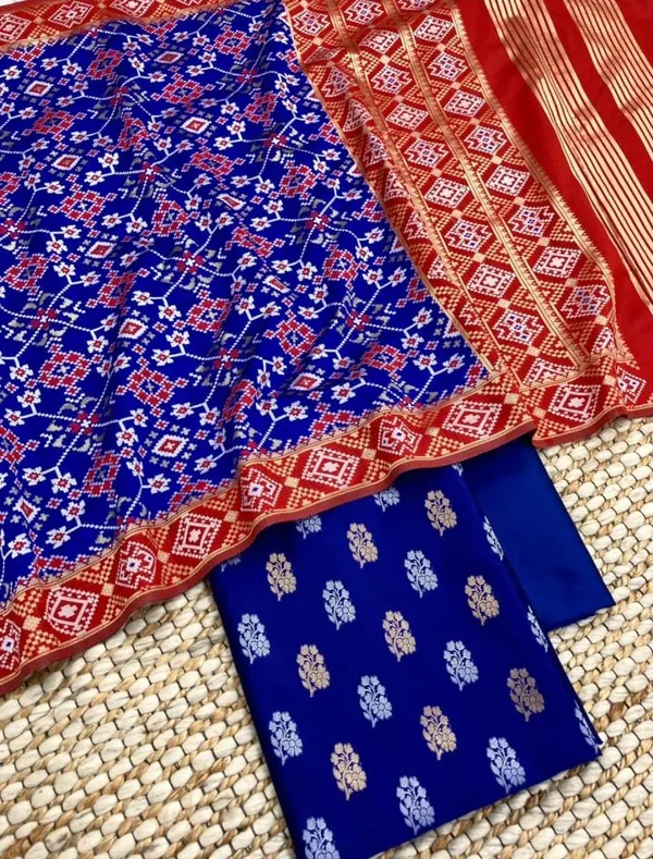 Blue_Katan_Silk_Silver_Gold_Zari_With_Patola_Weave_Dupatta_Suit_Set_700SKL_KS43