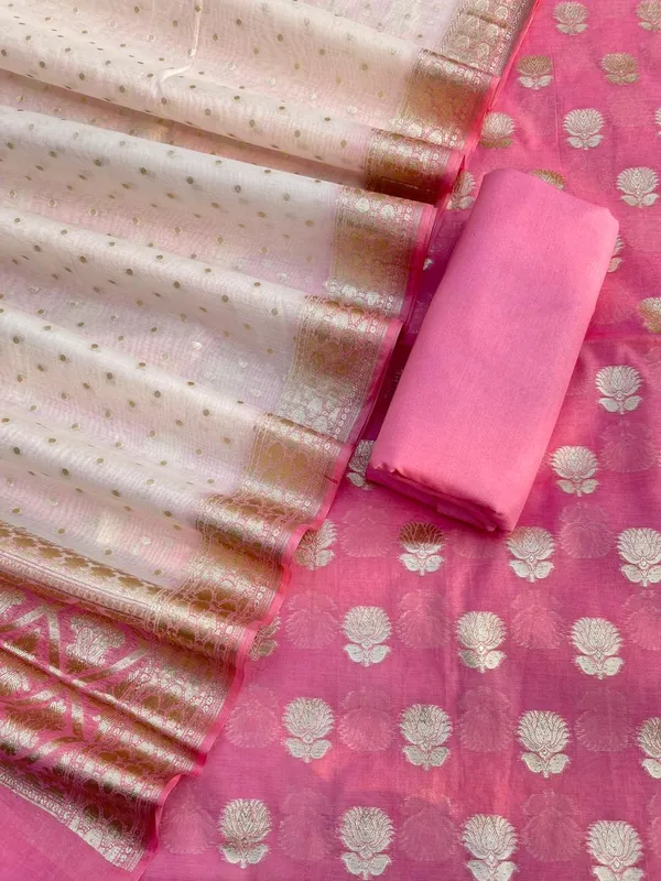 Pink_Mercerised_Lorex_Weave_Booti_With_Off-White_Dupatta_Banarasi_3_Pcs_Suit_Set_Skl_Pml3