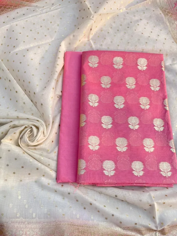 Pink_Mercerised_Lorex_Weave_Booti_With_Off-White_Dupatta_Banarasi_3_Pcs_Suit_Set_Skl_Pml3