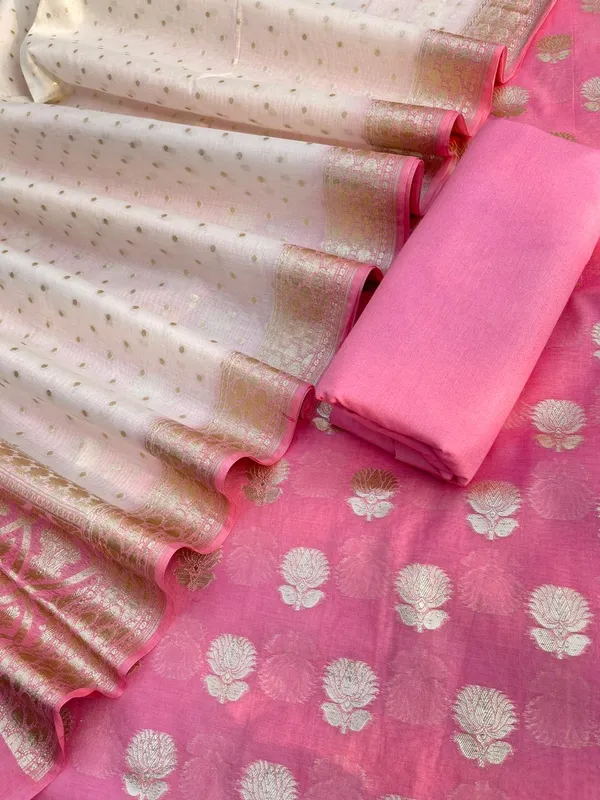 Pink_Mercerised_Lorex_Weave_Booti_With_Off-White_Dupatta_Banarasi_3_Pcs_Suit_Set_Skl_Pml3