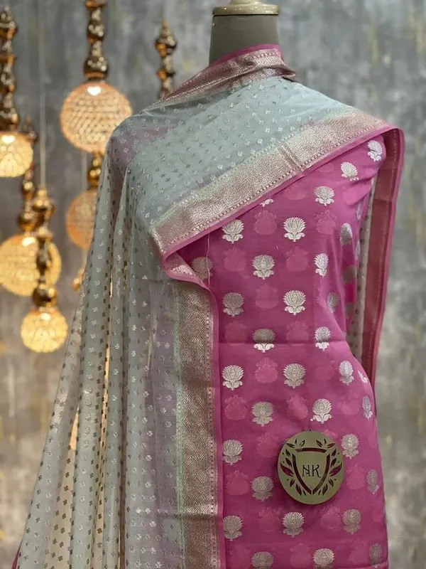 Pink_Mercerised_Lorex_Weave_Booti_With_Off-White_Dupatta_Banarasi_3_Pcs_Suit_Set_Skl_Pml3