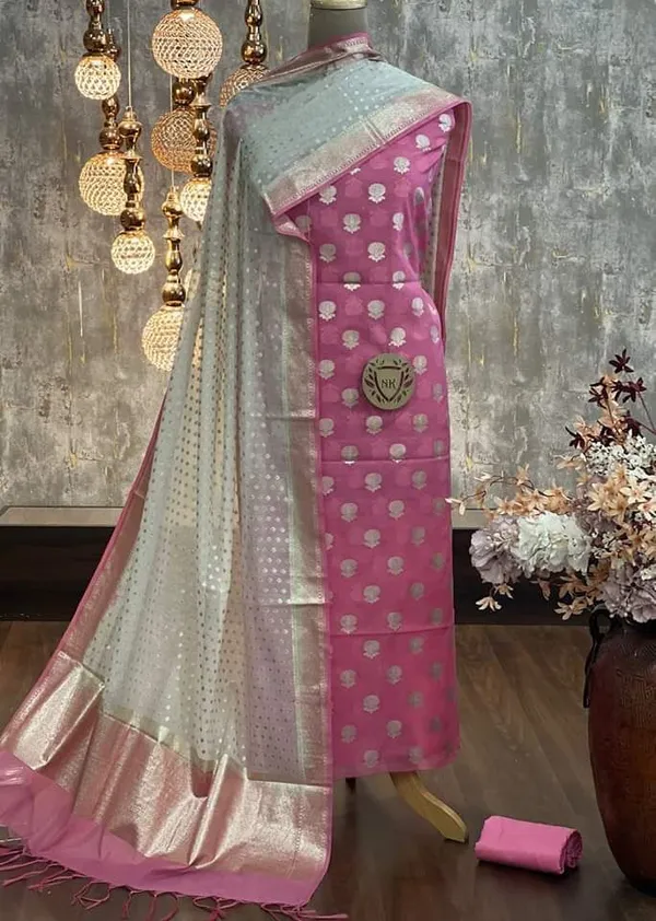 Pink_Mercerised_Lorex_Weave_Booti_With_Off-White_Dupatta_Banarasi_3_Pcs_Suit_Set_Skl_Pml3
