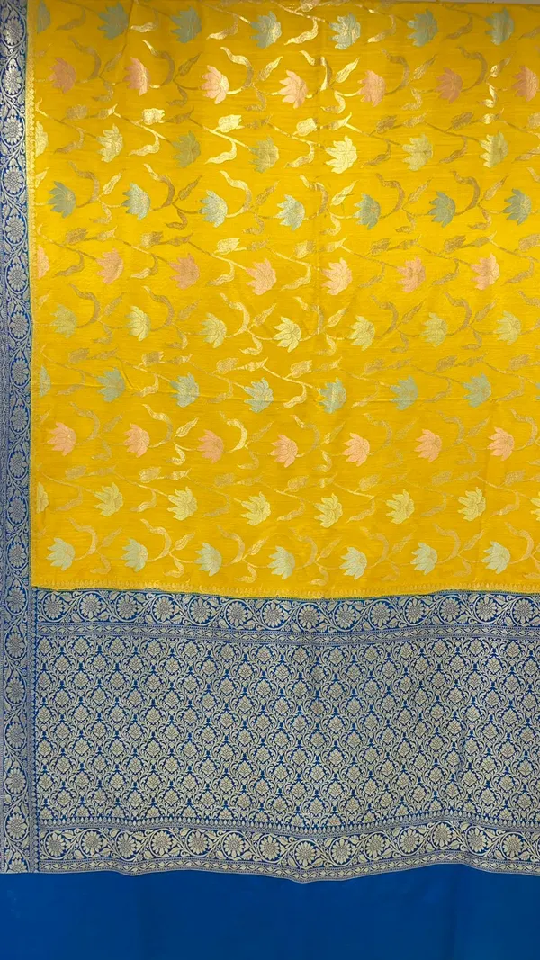 Humairah_Presents_Yellow_Tussar_Silk_Handpainted_Floral_Zari_Jaal_with_Contrast_Blue_Banarasi_Floral_Jaal_Pallu_Zari_Border_and_Blue_Blouse