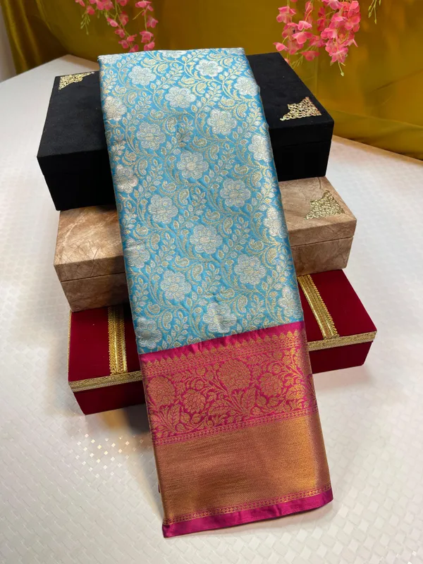 Blue_Semi_Pure_Kanjeevaram_Silk_Contrast_Magenta_Border_Banarasi_Saree_MS_KS5