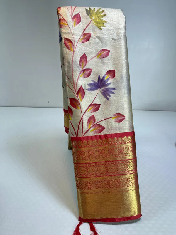 Beige_Moose_Tissue_Silk_Handpainted_Floral_Jaal_Contrast_Red_Border_Banarasi_Saree_MS_MTS1