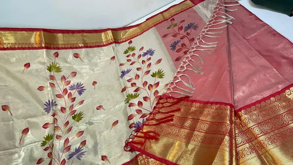 Beige_Moose_Tissue_Silk_Handpainted_Floral_Jaal_Contrast_Red_Border_Banarasi_Saree_MS_MTS1