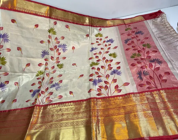 Beige_Moose_Tissue_Silk_Handpainted_Floral_Jaal_Contrast_Red_Border_Banarasi_Saree_MS_MTS1