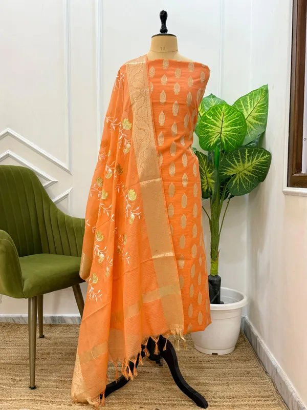 Orange_Kota_check_Floral_Zari_Booti_Banarasi_Suit_with_Embroidered_Jaal_Dupatta_130PNJ_KCH5