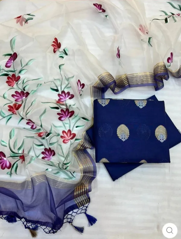 Blue_Pure_Mercerised_Lurex_Weave_Banarasi_Suit_with_Handbrush_Floral_Organza_Silk_Dupatta_1200SKL_OS3
