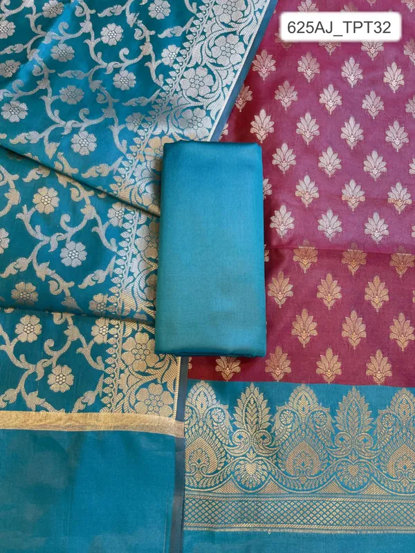 Maroon_Art_Silk_Floral_Zari_Chunri_Booti_Contrast_Banarasi_Suit_with_Seagreen_Dupatta_625AJ_TPT32