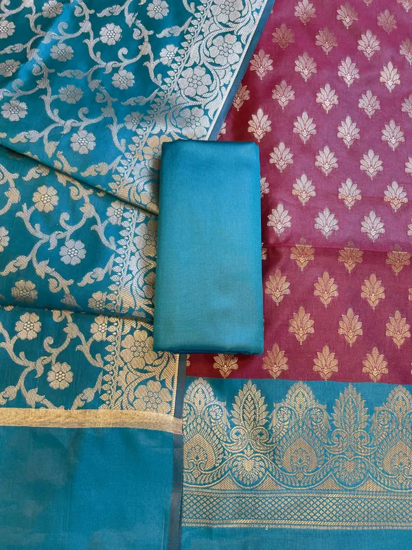Maroon_Art_Silk_Floral_Zari_Chunri_Booti_Contrast_Banarasi_Suit_with_Seagreen_Dupatta_625AJ_TPT32
