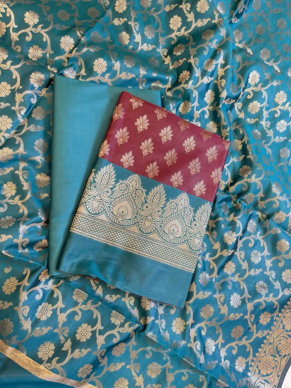 Maroon_Art_Silk_Floral_Zari_Chunri_Booti_Contrast_Banarasi_Suit_with_Seagreen_Dupatta_625AJ_TPT32