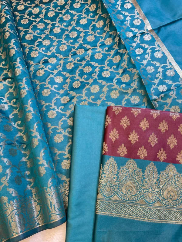 Maroon_Art_Silk_Floral_Zari_Chunri_Booti_Contrast_Banarasi_Suit_with_Seagreen_Dupatta_625AJ_TPT32