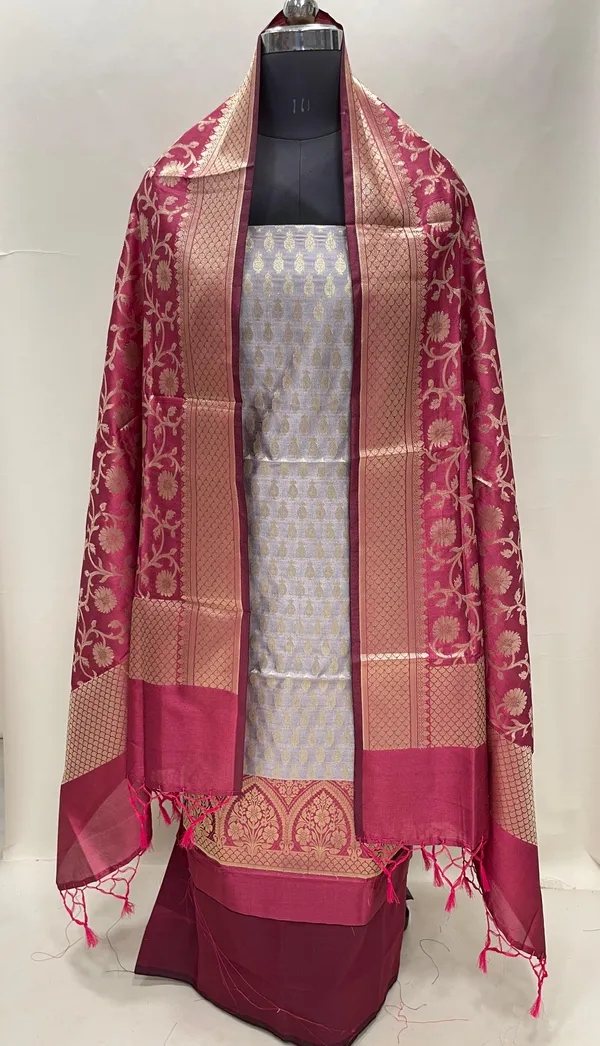 Humairah_Presents_Grey_Semi_Katan_Silk_3_pcs_Suit_Set_with_Contrast_Magenta_Plain_Bottom_and_Top_Floral_Zari_Booti_with_Alfi_Jaal_Magenta_Dupatta_ASD_114