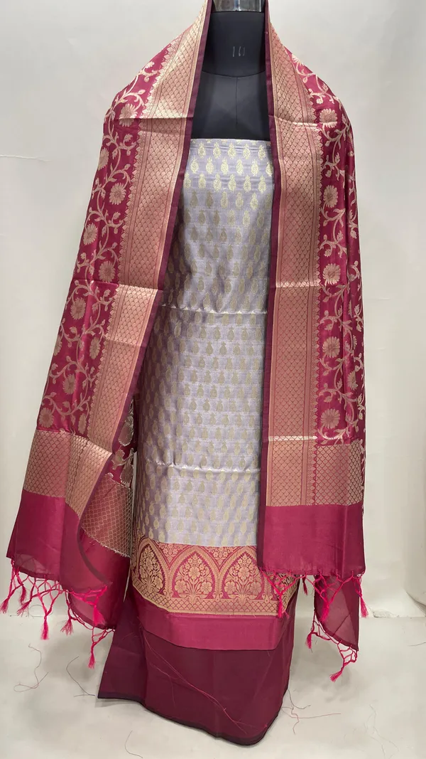 Humairah_Presents_Grey_Semi_Katan_Silk_3_pcs_Suit_Set_with_Contrast_Magenta_Plain_Bottom_and_Top_Floral_Zari_Booti_with_Alfi_Jaal_Magenta_Dupatta_ASD_114