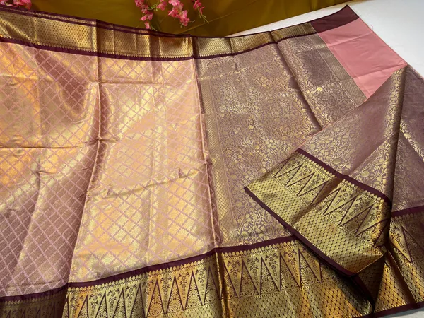 Peach_Semi_Kanchi_Silk_Brocade_Contrast_Brown_Border_Banarasi_Saree_MS_SK8