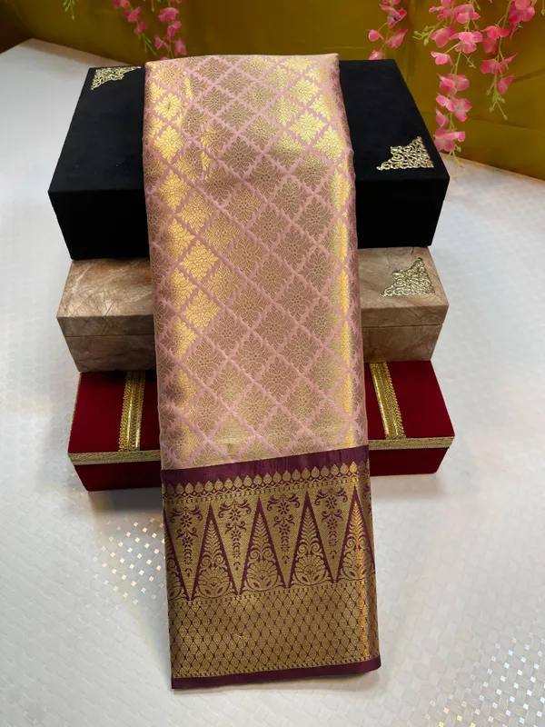 Peach_Semi_Kanchi_Silk_Brocade_Contrast_Brown_Border_Banarasi_Saree_MS_SK8