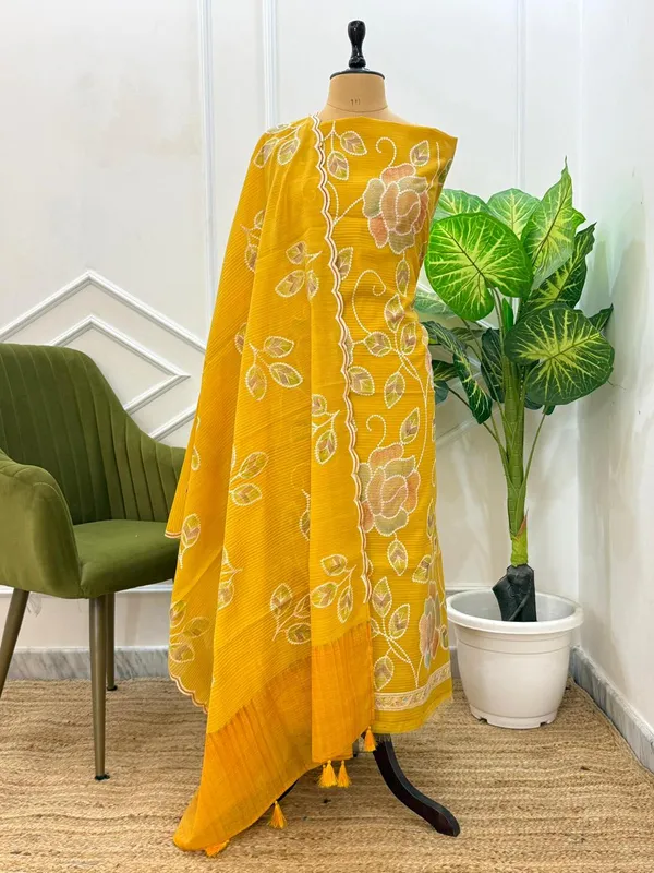 Yellow_Kota_Check_Embroidery_Jaal_Handbrush_Banrasi_Suit_with_Handbrush_Booti_Dupatta_1300SKL_KCH6
