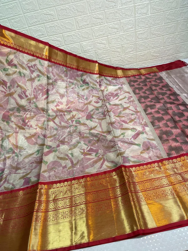 Beige_Tissue_Silk_Digital_Print_Floral_Jaal_Contrast_Red_Border_Banarasi_Saree_MS_SK31