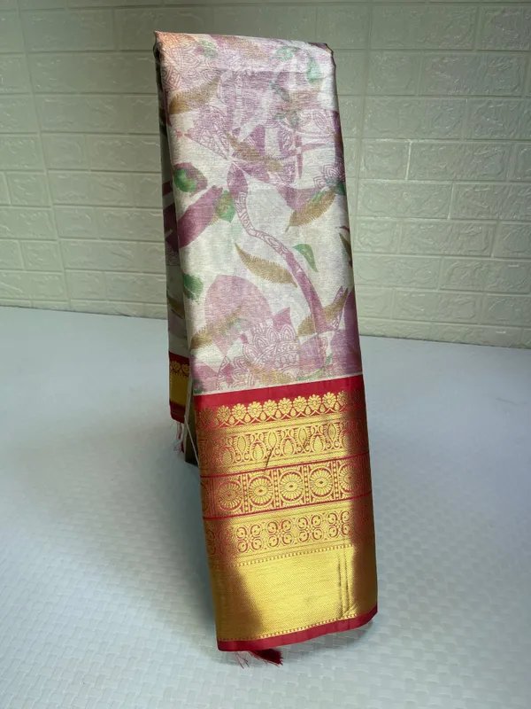 Beige_Tissue_Silk_Digital_Print_Floral_Jaal_Contrast_Red_Border_Banarasi_Saree_MS_SK31
