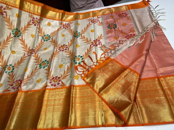 Off_white_Tissue_Silk_Floral_Handpainted_Jaal_Contrast_Orange_Border_Banarasi_Saree_MS_TS22