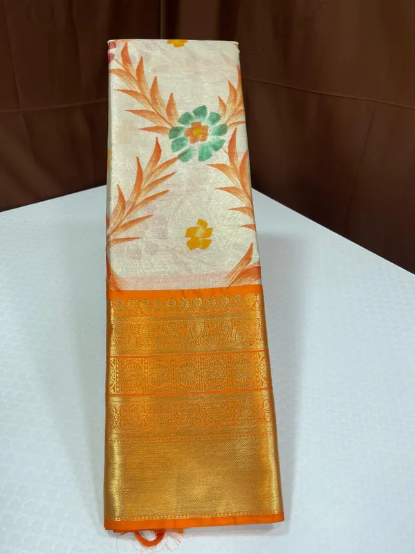 Off_white_Tissue_Silk_Floral_Handpainted_Jaal_Contrast_Orange_Border_Banarasi_Saree_MS_TS22
