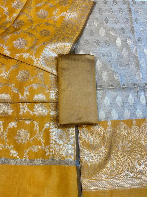 Beige_Art_Silk_Floral_Zari_Booti_Contrast_Banarasi_Suit_with_Mustard_Yellow_Dupatta_625AJ_TPT57