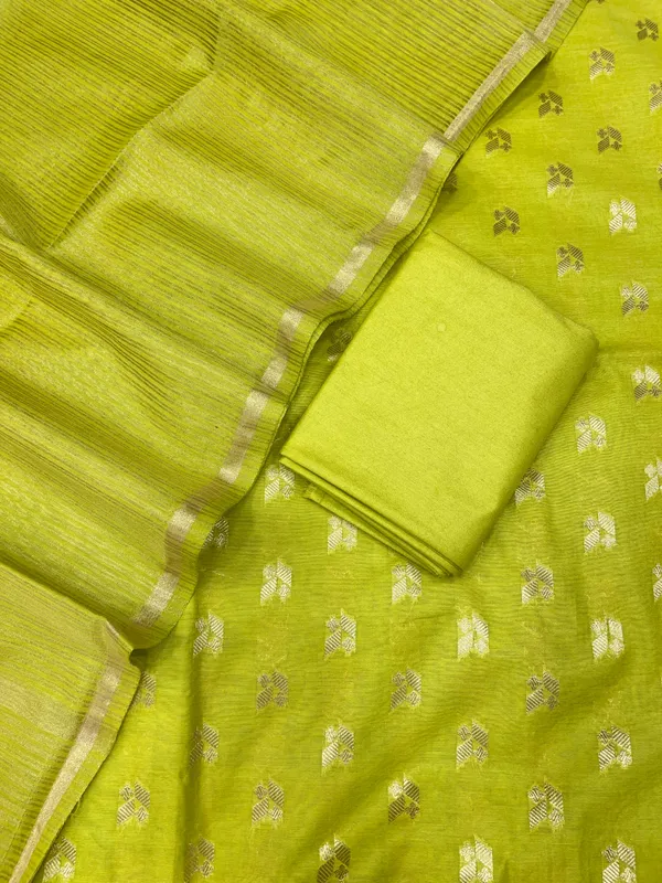 Olive_Green_Mercerize_Silk_Chunri_Booti_With_Tissue_Silk_Dupatta_Banarasi_3_Pcs_Suit_Set_Skl_Ms11
