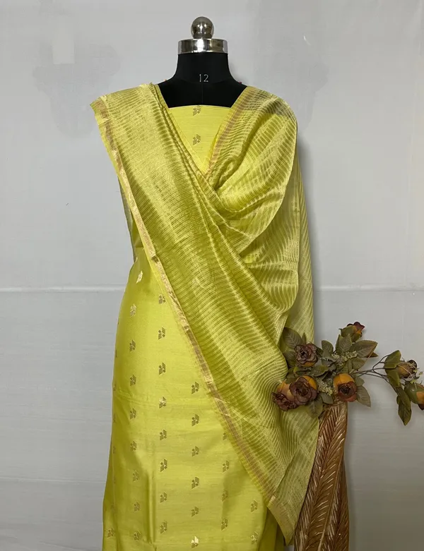 Olive_Green_Mercerize_Silk_Chunri_Booti_With_Tissue_Silk_Dupatta_Banarasi_3_Pcs_Suit_Set_Skl_Ms11